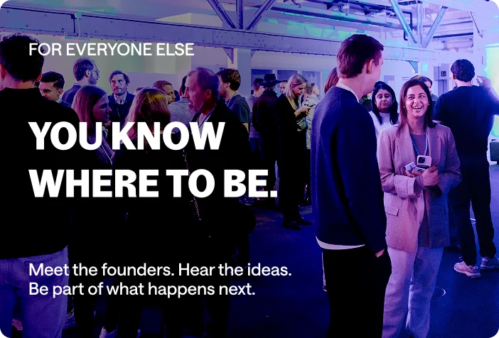 Event card reading 'For founders: Got a pitch? Prove it. Your idea, your five minutes, a room full of people who could take it further,' showing a founder pitching on stage to seated judges.